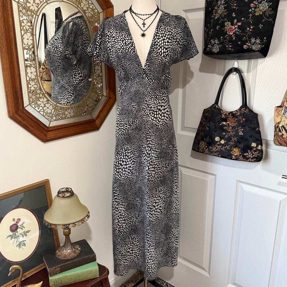 VTG Y2K Lapis Sheer Black & White Dotted Animal Print Flutter Sleeve Midi Dress